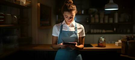 Portrait of smiling waitress barista using mobile phone at work, AI Generative photo