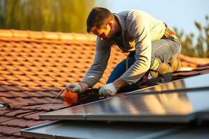 Solar power engineer installing solar panels on the roof. generative ai photo