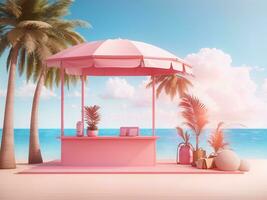 Empty mockup blue screen on the beach with summer accessories and palm tree on pink background. 3D Rendering, 3D Illustration, Generate Ai photo
