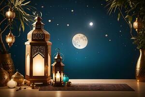 Ramadan greeting card of crescent moon decoration and lanterns with copy space area banner, Generate Ai photo