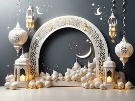 Ramadan greeting card of crescent moon decoration and lanterns with copy space area banner, Generate Ai photo