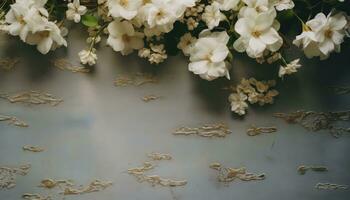 sandy white antique table with white flowers laying on it AI generated photo