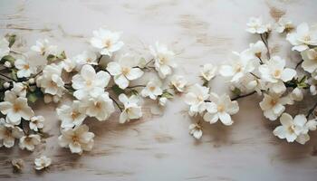 sandy white antique table with white flowers laying on it AI generated photo