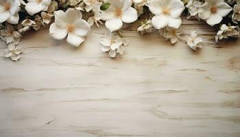 sandy white antique table with white flowers laying on it AI generated photo