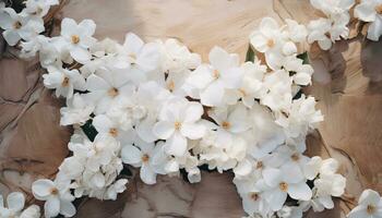 arenoso blanco antiguo mesa con blanco flores tendido en eso ai generado foto