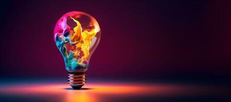 Creative light bulb explodes with colorful paint and splashes on a dark background. Think differently creative idea concept .generative ai photo