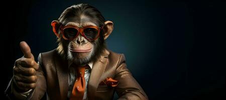 portrait of a monkey in suit and glasses showing thumbs up.generative ai photo