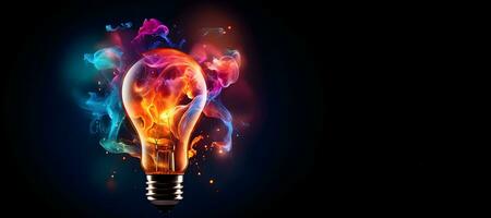 Creative light bulb explodes with colorful paint and splashes on a dark background. Think differently creative idea concept .generative ai photo