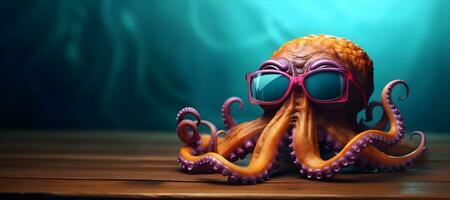 Creative animal concept. an octopus wearing sunglasses on a wooden table, digital art, faceted, copy space. Generative AI photo