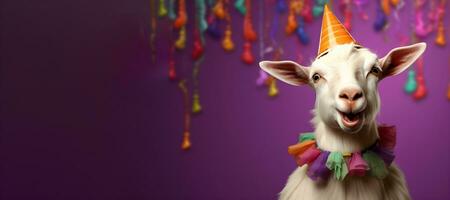 Creative animal concept. goat wearing a party hat on a purple background, digital art, faceted, copy space. Generative AI photo