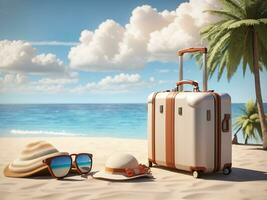 travel suitcase on the beach, Generate Ai photo