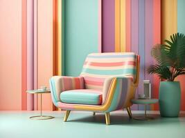 resumen mínimo concepto. pastel multi color vibrante maravilloso retro a rayas antecedentes pared marco con brillante Sillón decoración. burlarse de arriba modelo para producto presentación. 3d representación. Copiar texto espacio. foto