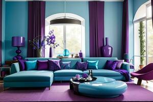 modern living room   Purple and blue color, Generate AI photo