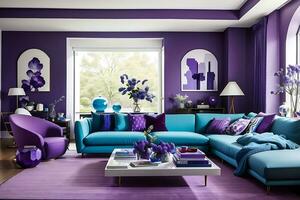 modern living room   Purple and blue color, Generate AI photo