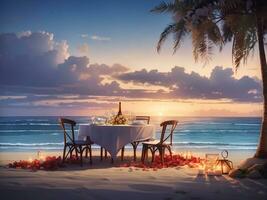 Romantic dinner table on the beach. Ai art, Generate Ai photo