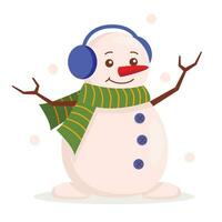 Cute snowman in a warm scarf and fur headphones. Snowing. Vector graphic.