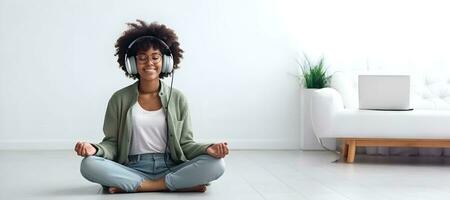 a woman with headphones and glasses sitting on the floor, genarative ai photo