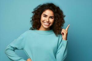 a woman with curly hair pointing to something, genarative ai photo