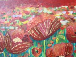 rojo amapolas en el campo. petróleo pintura antecedentes. Arte concepto. paleta cuchillo textura. foto