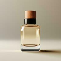 a transparent bottle of perfume on a table with a wooden top. generative ai photo