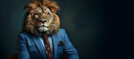 portrait of a lion in suit and tie. copy space. generative ai photo