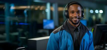 Happy smiling african american man working in call center. Generative AI photo