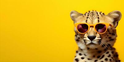 Creative animal concept.cheetah wearing sunglasses on yellow background . copy space. generative ai photo