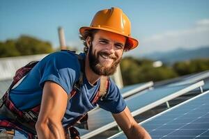 Solar power engineer installing solar panels on the roof. generative ai photo