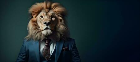 portrait of a lion in suit and tie. copy space. generative ai photo