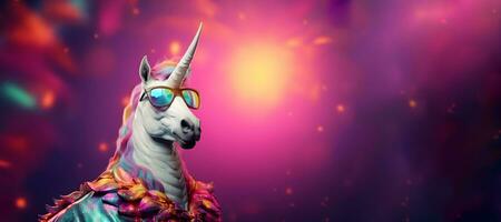 Creative animal concept. a unicorn wearing sunglasses and a suit. copy space. generative ai photo