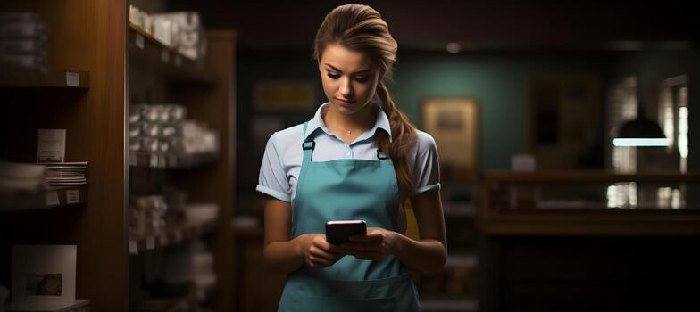 Portrait of smiling waitress barista using mobile phone at work, AI Generative photo