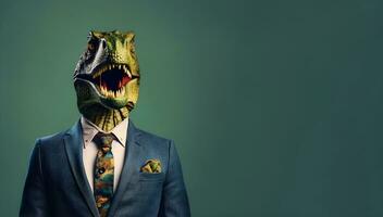 Creative animal concept. a dinosaur wearing a suit and tie on dark background, digital art, faceted, copy space. Generative AI photo