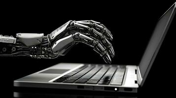 a robot hand is typing a laptop computer. generative ai photo