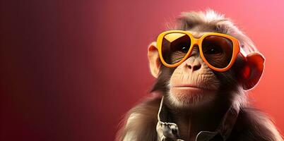 Creative animal concept. a monkey wearing pink glasses on an orange background , digital art, faceted, copy space. Generative AI photo