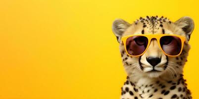 Creative animal concept.cheetah wearing sunglasses on yellow background . copy space. generative ai photo