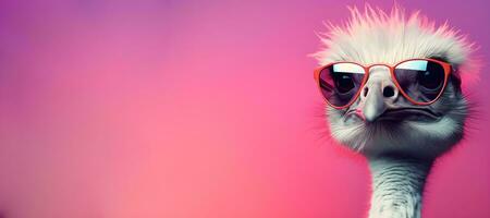 Creative animal concept. ostrich with sunglasses on a pink background, digital art, faceted, copy space. Generative AI photo