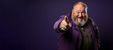 An excited fat man wearing a purple jacket and is giving a thumbs up. generative ai photo