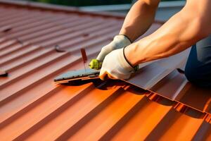 Solar power engineer installing solar panels on the roof. generative ai photo