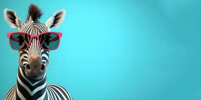 Creative animal concept.a zebra wearing sunglasses on a blue background, digital art, faceted, copy space. Generative AI photo