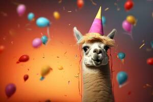 Creative animal concept. a llama wearing a party hat and confetti , digital art, faceted, copy space. Generative AI photo