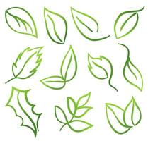 Set of leaves symbolizing eco, green energy, ecology. Vector image, sketch in line art style