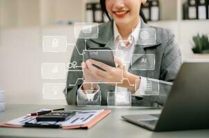 Coding software developer work with augmented reality dashboard computer icons  with responsive cybersecurity. photo