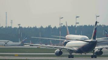 MOSCOW, RUSSIAN FEDERATION JULY 29, 2021 - Airbus A330, VPBDE of Aeroflot taxiing at Sheremetyevo airport. Airplane on taxiway. Airfield, avia traffic video