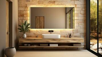 Interior and Scene Bathroom in a dry location, wood construction, LED lighting in the mirror, beige stone sink. photo