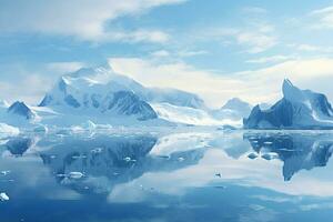 antártico paisaje con icebergs y nevadas montañas, azul hielo cubierto montañas en sur polar océano. invierno antártico paisaje, ai generado foto