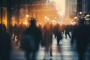 Crowd of people walking in the city at night, motion blur, Blurred crowd of unrecognizable at the street, AI Generated photo