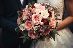 Boda ramo de flores en el manos de el novia y acicalar, novia y novio participación ramo, ai generado foto