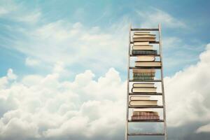 Stack of books on a ladder against blue sky with white clouds background, book stack with ladder on sky with clouds backgrou photo