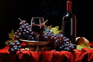 still life with red wine, grapes and nuts on a dark background, bottle with red wine and glass and grapes, AI Generated photo