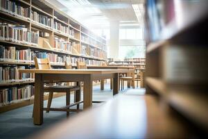 In the library, bookshelves and tables in a public library, blurry college library. Bookshelves and a classroom in blurry focus, AI Generated photo